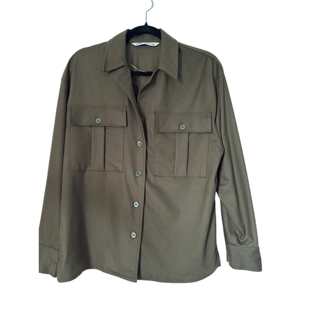 Zara Shirt Women's Size S Olive Green Button Up Long Sleeve‎ Collared Side Slits